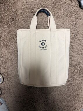 Tory Burch Cream Canvas Tote with Navy Logo